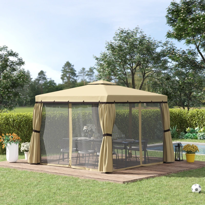 Outsunny 9.7' x 9.7' Patio Gazebo, Aluminum Frame Double Roof Outdoor Gazebo Canopy Shelter with Netting & Curtains, for Garden, Lawn, Backyard and Deck, Beige