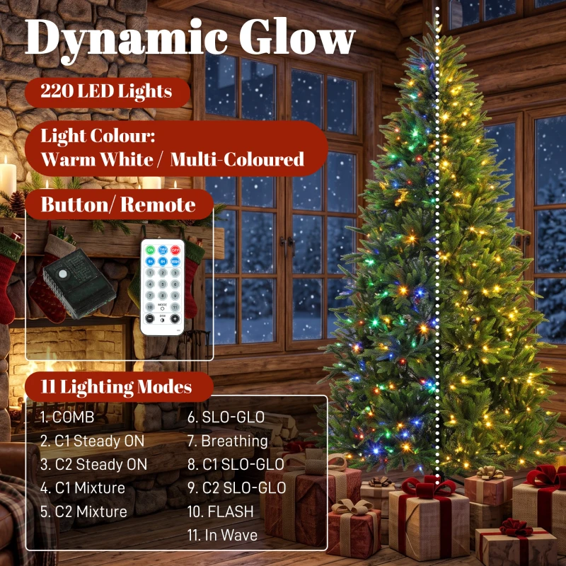 HOMCOM 6ft Prelit Christmas Tree with Dual-Color LEDs, All Realistic Tips, Hinged Xmas Nordmann Fir with 11 Modes, Remote