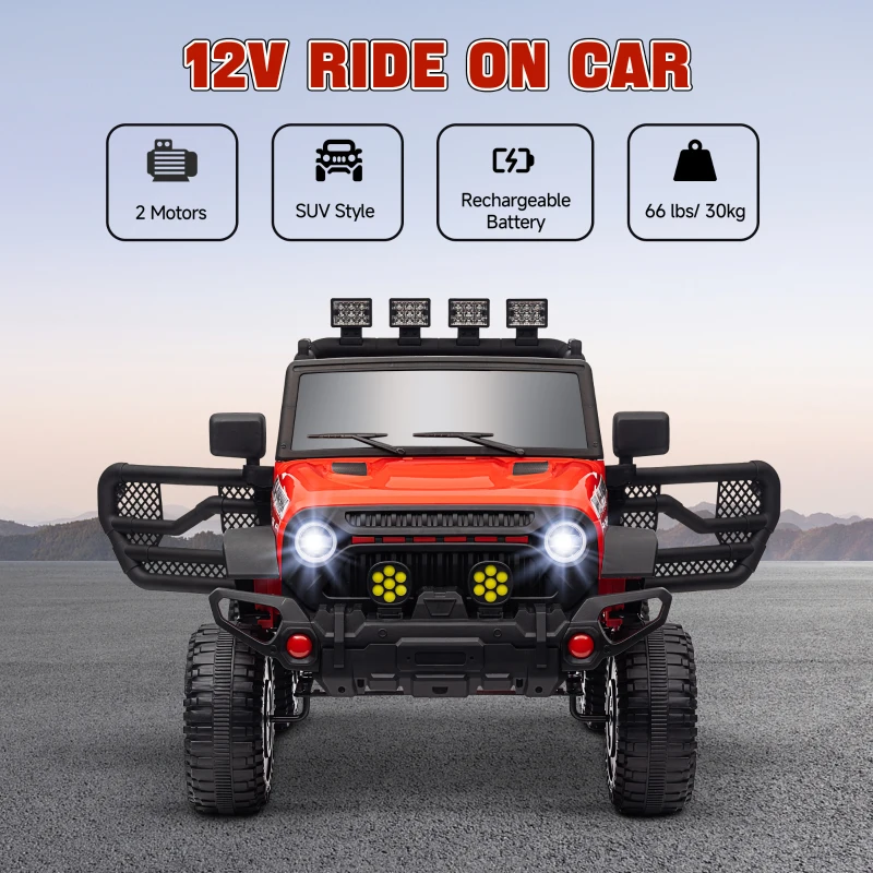 Qaba 12V Battery Powered Ride on Car, Ride on Truck w/ Remote, 4 Suspension Wheels, Music Horn Lights, Red