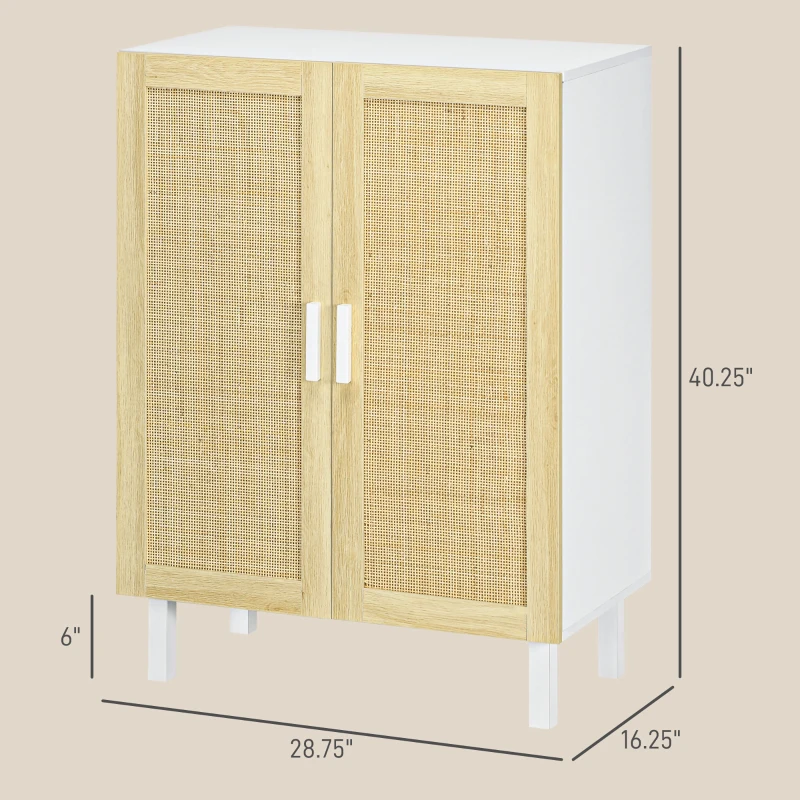 HOMCOM Boho Kitchen Cabinet, Buffet Cabinet with 2 Rattan Doors and Adjustable Shelves for Dining Room, White and Natural
