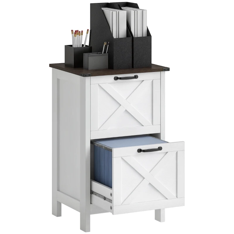 HOMCOM Vertical Filing Cabinet with 2 Drawers, Rustic Farmhouse Office Storage Cabinet for A4, Letter Size, Distressed White