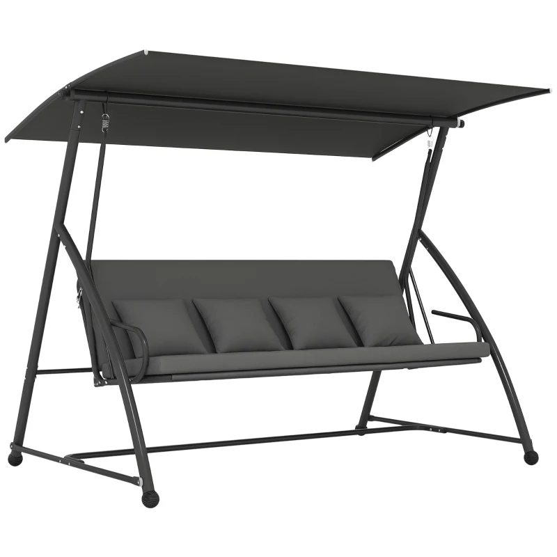 Outsunny Patio Swing Chair, 3 Person Convertible Hammock, Outdoor Swing Lounge Bed, Cushioned with Tilt Canopy, Dark Grey