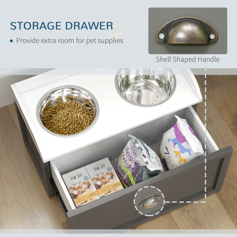 PawHut Elevated Dog Bowls Raised Pet Feeding Station with Storage 2 Stainless Steel Bowls, 23.6"x11.8" x14.2", Grey