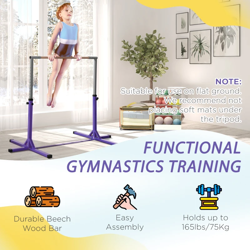 Soozier Professional Gymnastics Bar for Kids, Toddler Home Gymnastics Equipment with 13-level Adjustable Height, Purple