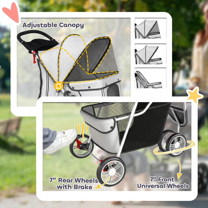 PawHut 3 Wheels Foldable Dog Stroller with Storage Basket, Adjustable Canopy, Cupholder for Miniature and Small Dogs, Grey