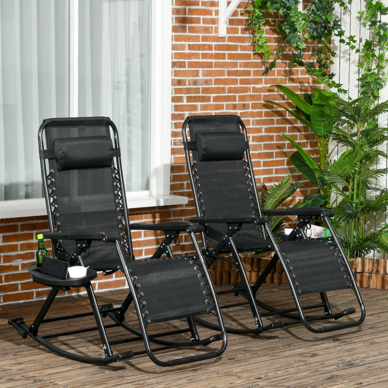 Outsunny 2 Outdoor Rocking Chairs Foldable Reclining Zero Gravity Lounge Rockers w/ Pillow Cup & Phone Holder, Black