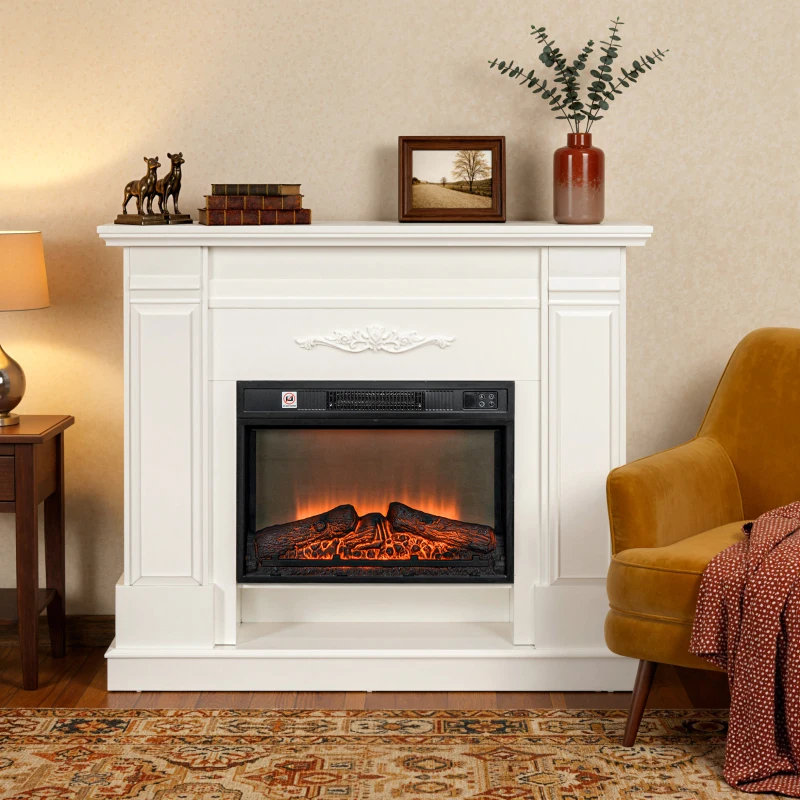 HOMCOM 46" Electric Fireplace with Mantel and Shelf, 1400W Fireplace Heater with Realistic Log and Flame Effect, White