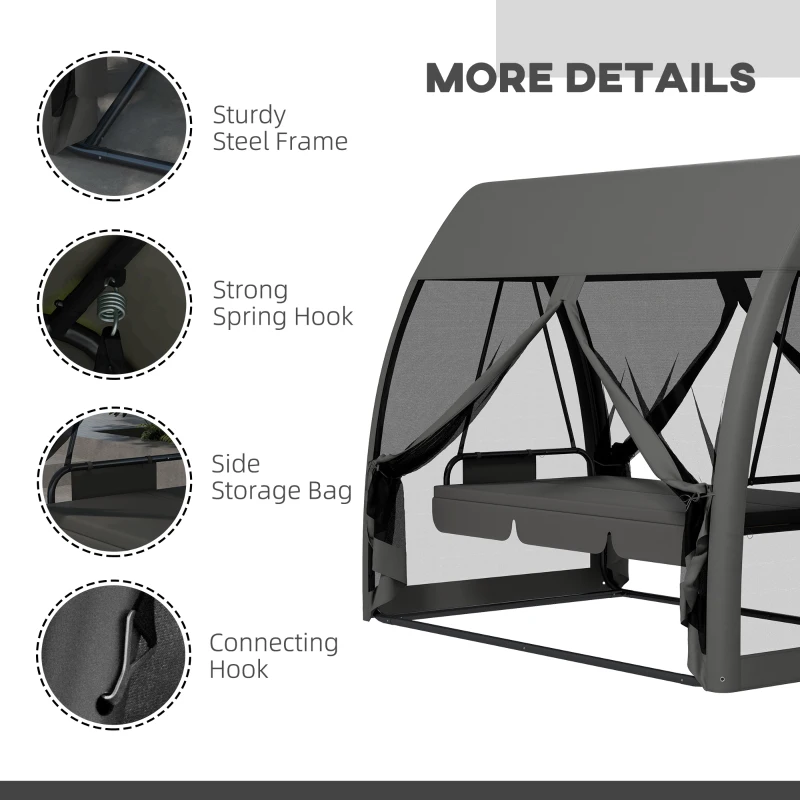 Outsunny 3-Seater Outdoor Swing Chair Chaise Lounger Bed Garden Hammock with Steel Stand, Canopy Netting Walls, Dark Grey