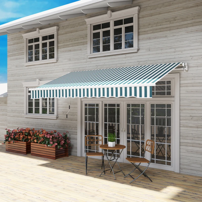 Outsunny 12' x 10' Retractable Awning Patio Awnings Sun Shade Shelter with Manual Crank Handle, Green and White