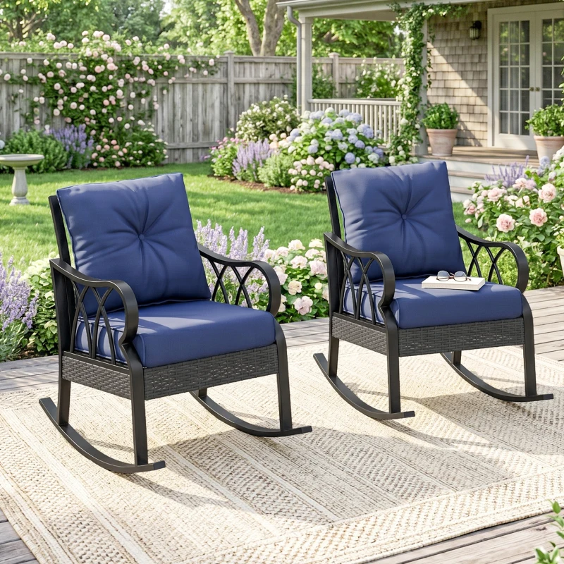 Outsunny 2 Piece Outdoor Wicker Rocking Chairs Rattan Porch Rockers with Cushions, Aluminum Frame for Garden, Patio, Blue