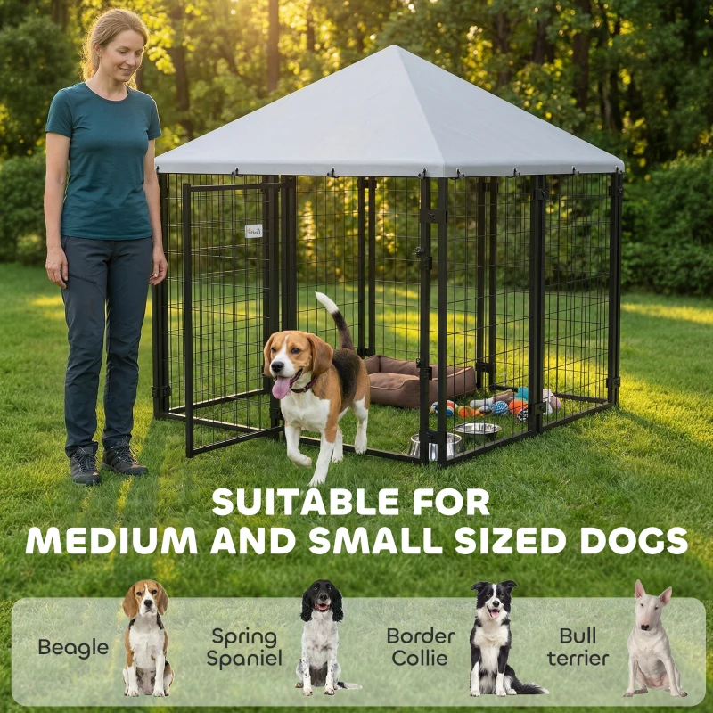 PawHut Lockable Dog House Kennel with Water-resistant Roof for Small and Medium Sized Pets, 4.7' x 4.7' x 5.1', Silver