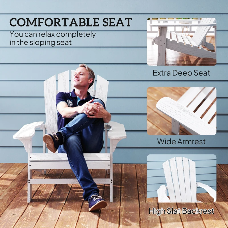 Outsunny Wood Adirondack Chair, Outdoor Patio Muskoka Chair with Slatted Design for Deck, Garden, Backyard, Fire Pit, White