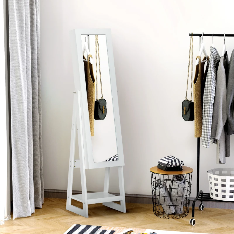 HOMCOM Jewellery Cabinet with Full-Length Mirror, Standing Jewelry Armoire with LED Light, White