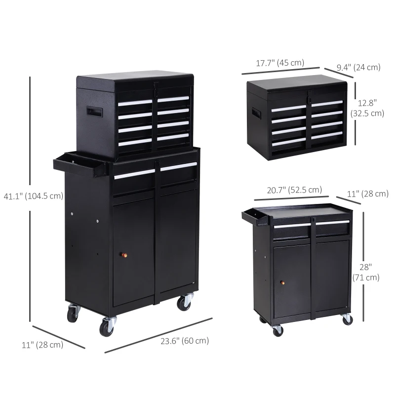DURHAND Rolling Tool Cabinet 2 in 1 Top Chest Storage Box 5 Drawers with Pegboard and Adjustable Shelf, Black