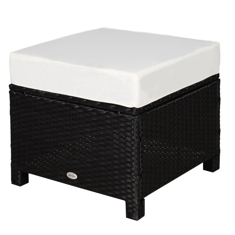 Outsunny 20" Patio Wicker Ottoman, Multipurpose Outdoor PE Rattan Footrest, Additional Seating, Side Table with Soft Cushion, Black, Cream White