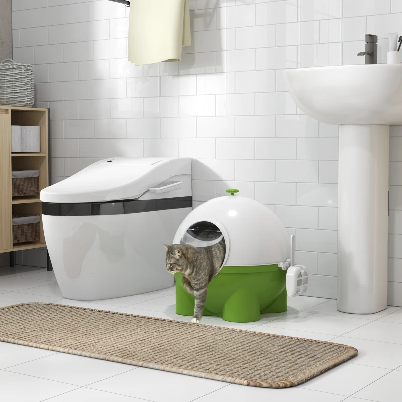 PawHut Hooded Cat Litter Box with Lid, Scoop, Leaking Sand Pedal, Top Handle, Dark Green