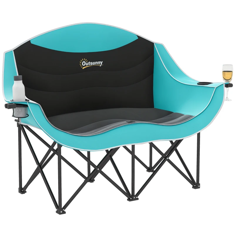 Outsunny Padded Folding Camp Chair for Adults, Double Camping Chair with Armrests, Cup Holders, Carry Bag for Outdoor, Green