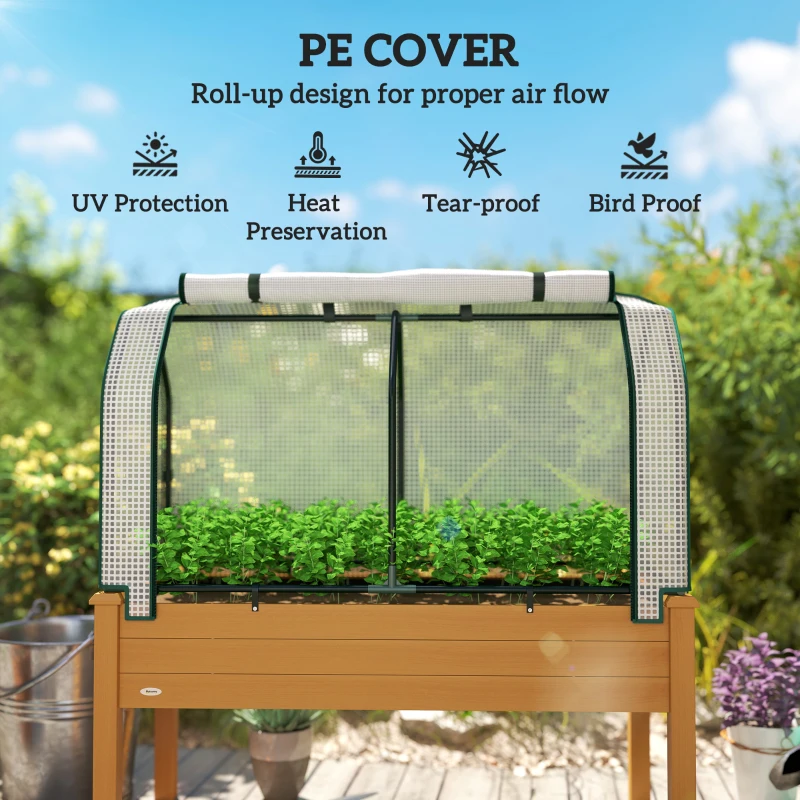 Outsunny Raised Garden Bed with PE Greenhouse Cover Outdoor Elevated Wood Planter Box for Herbs and Vegetables Sand