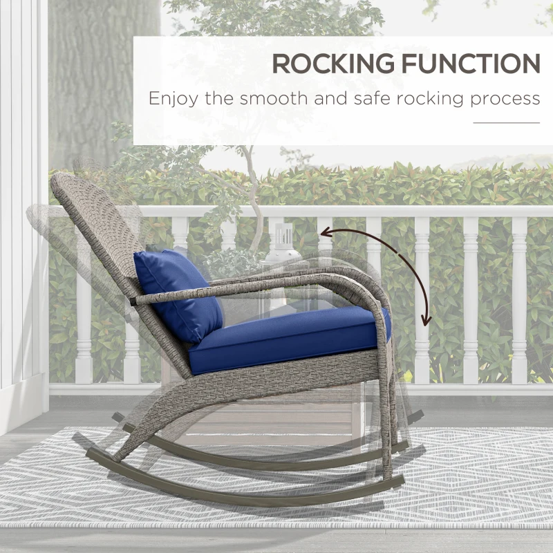 Outsunny Adirondack Chair, Outdoor Wicker Rocking Chair with High Back, Seat Cushion and Pillow for Porch, Balcony, Dark Blue