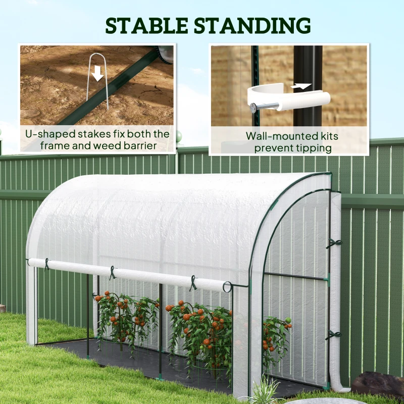 Outsunny Walk-in Lean-to Greenhouse, Outdoor Gardening Green House with Zipper Roll-up Doors and Window, 10' x 3' x 5', White
