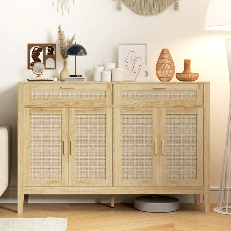 HOMCOM Kitchen Sideboard Cabinet, Boho Entryway Cabinet with Decorative Rattan Doors and Drawers for Dining Room, Oak