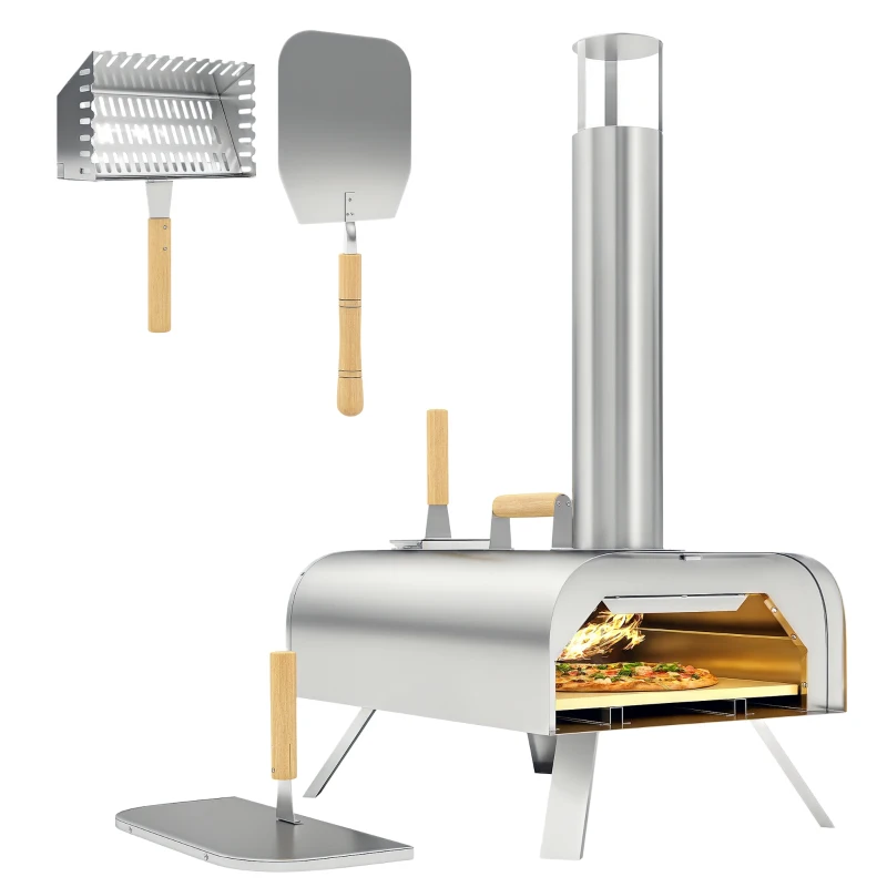 Outsunny Outdoor Pizza Oven, Portable Wood Pellet Pizza Oven with Pizza Stone and Peel, Foldable Legs, Chimney