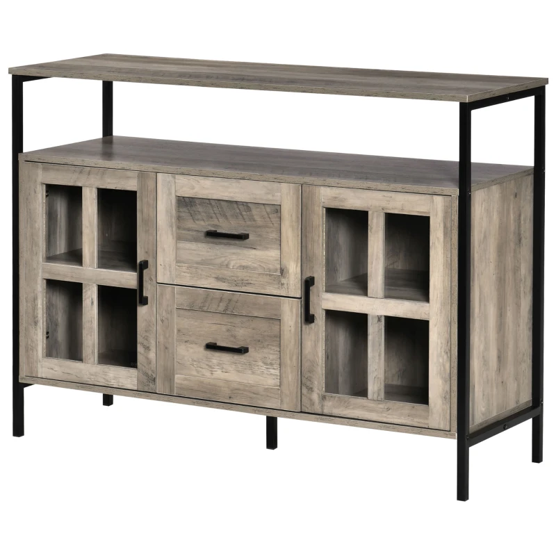 HOMCOM Industrial Sideboard Buffet Cabinet, Coffee Bar Cabinet with Adjustable Shelves, Glass Doors, and 2 Drawers for Kitchen, Living Room, Gray