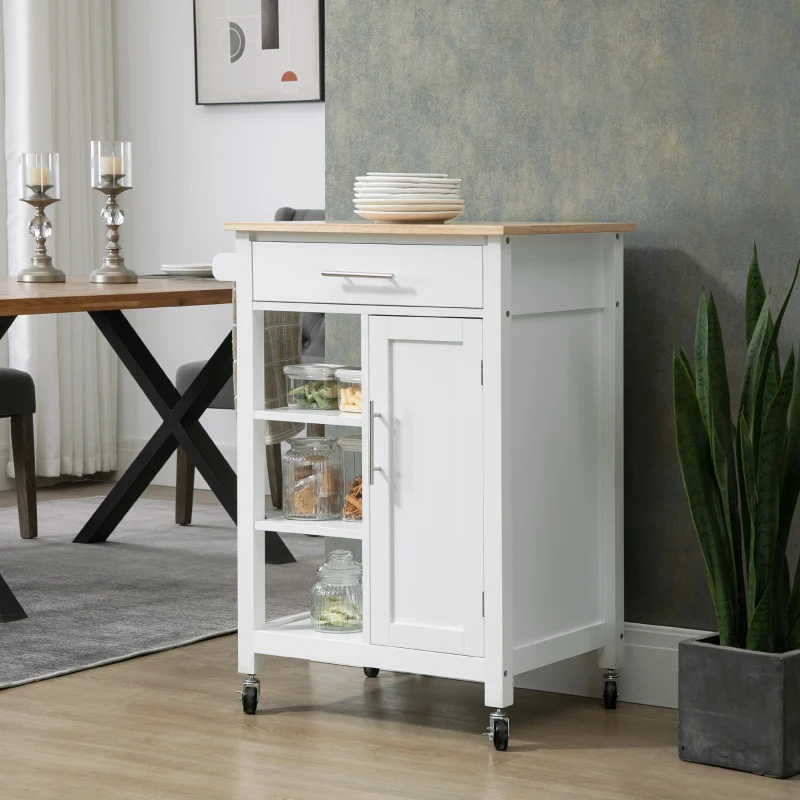 HOMCOM Kitchen Island Cart, Rolling Kitchen Island with Storage Shelf, Solid Wood Top, Drawer, for Dining Room, White