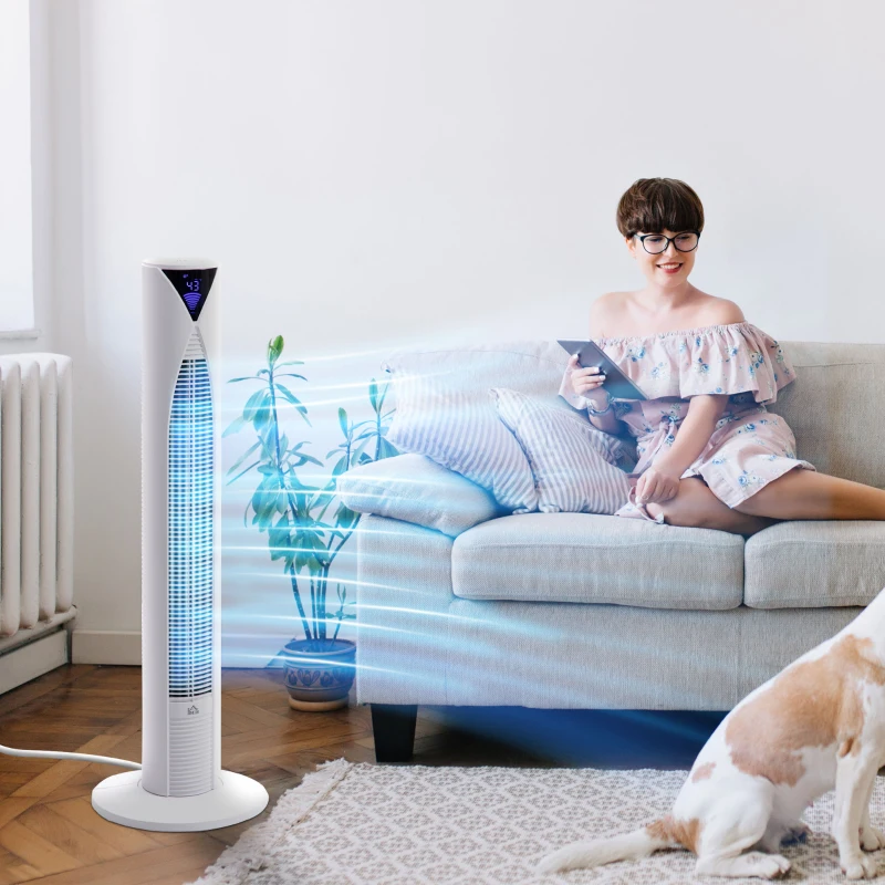 HOMCOM 38 Inch Tower Fan for Bedroom Cooling, 70°Oscillating Fan with 3 Speeds, 12H Timer, and Remote Control, Standing Floor Fan for Home Office, White