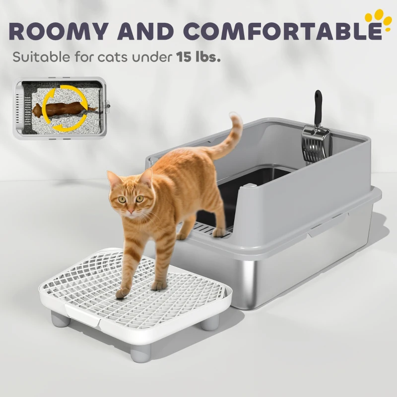 PawHut Extra Large Stainless Steel Cat Litter Box with Scoop & Pad, Anti-Urine Leakage, Easy Cleaning, Non-Sticky