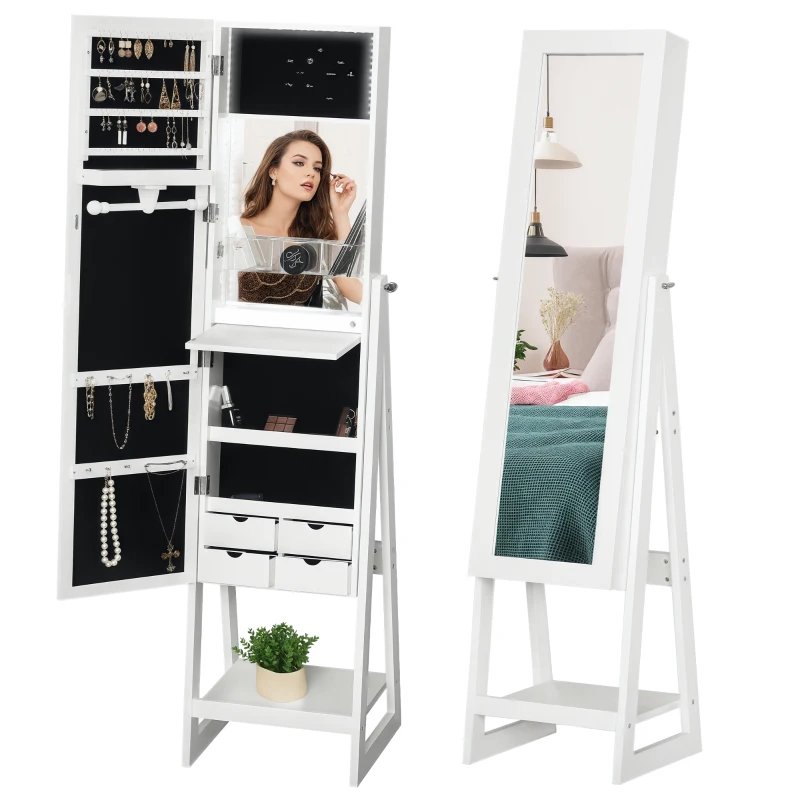 HOMCOM Jewellery Cabinet with Full-Length Mirror, Standing Jewelry Armoire with LED Light, White