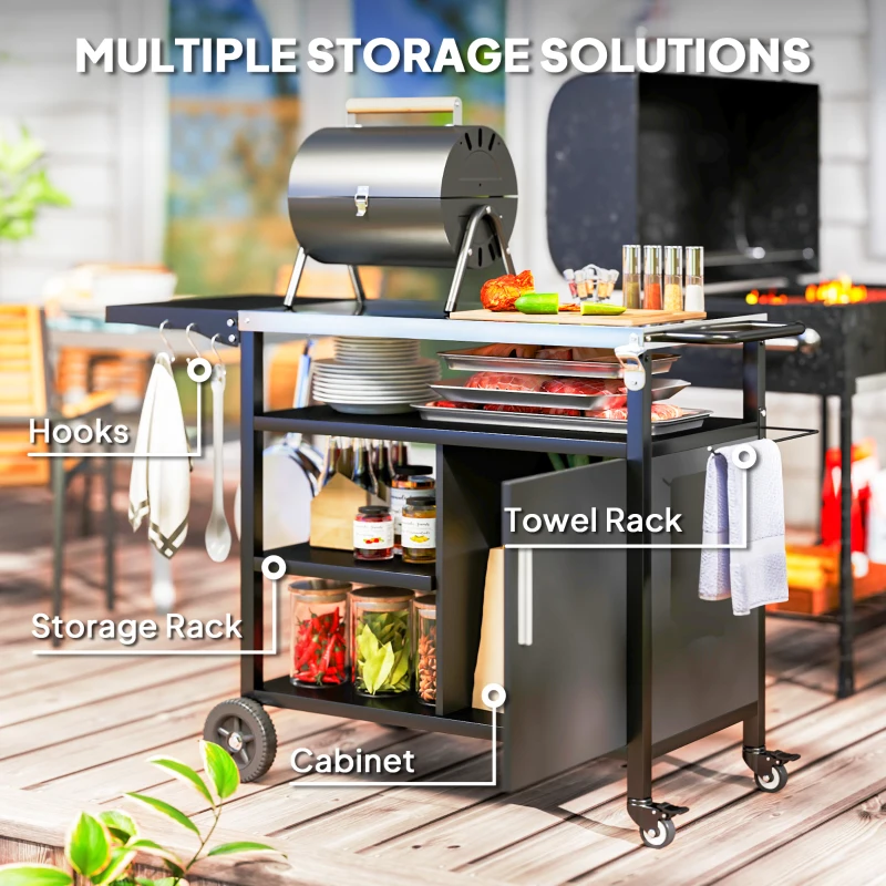 Outsunny Outdoor BBQ Stand with Foldable Side Table, Stainless Steel Top, Pizza Oven Table with Wheels Hooks Shelves