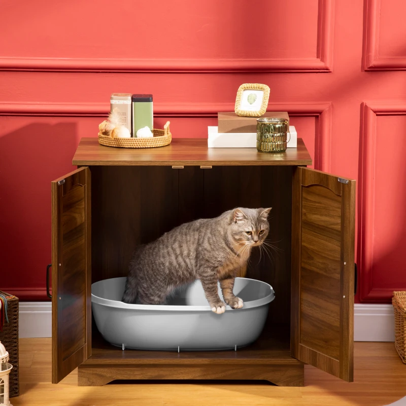 PawHut 3-in-1 Cat Litter Box Furniture Hidden, Cat Cabinet Bed, End Table with Rattan, Kitty Bed with Plush Foam Cushion, Modern Cat Bedding House with End Table Use, Walnut