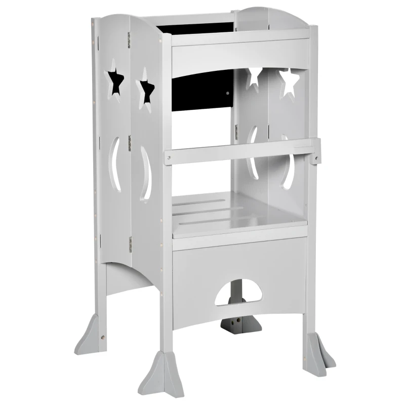 Qaba 2 in 1 Kids Foldable Kitchen Step Stool, Toddler Standing Tower with Chalkboard and Lockable Handrail for Children 3-6 Years Old, Gray