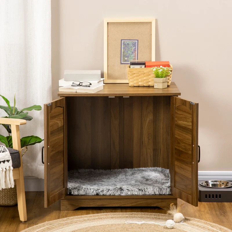 PawHut 3-in-1 Cat Litter Box Furniture Hidden, Cat Cabinet Bed, End Table with Rattan, Kitty Bed with Plush Foam Cushion, Modern Cat Bedding House with End Table Use, Walnut