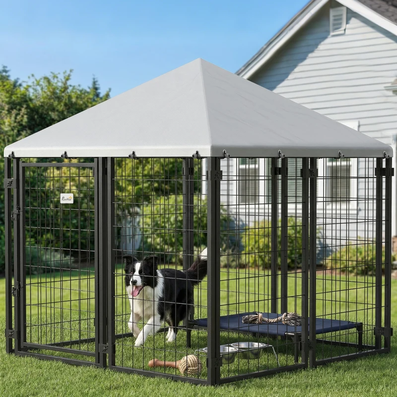 PawHut Lockable Dog House Kennel with Water-resistant Roof for Small and Medium Sized Pets, 4.7' x 4.7' x 5.1', Silver