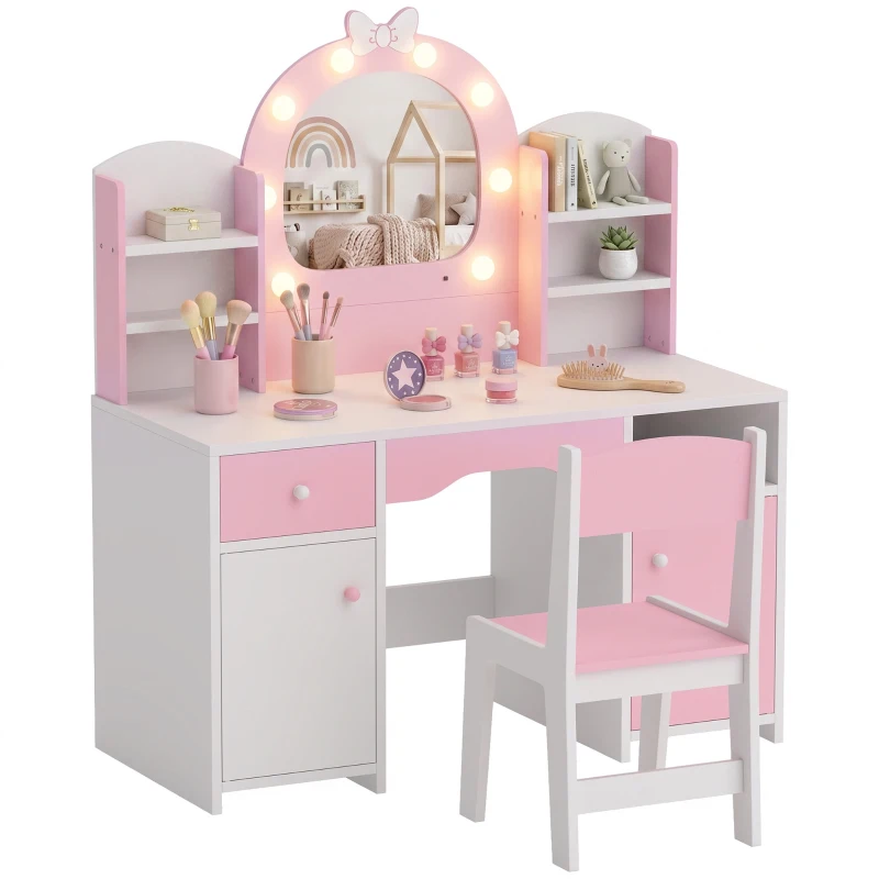 Qaba Kids Vanity Set, Toddler Dressing Table and Chair Set  with Lighted Bow Mirror, Cabinet, Drawer and Shelves, Pink