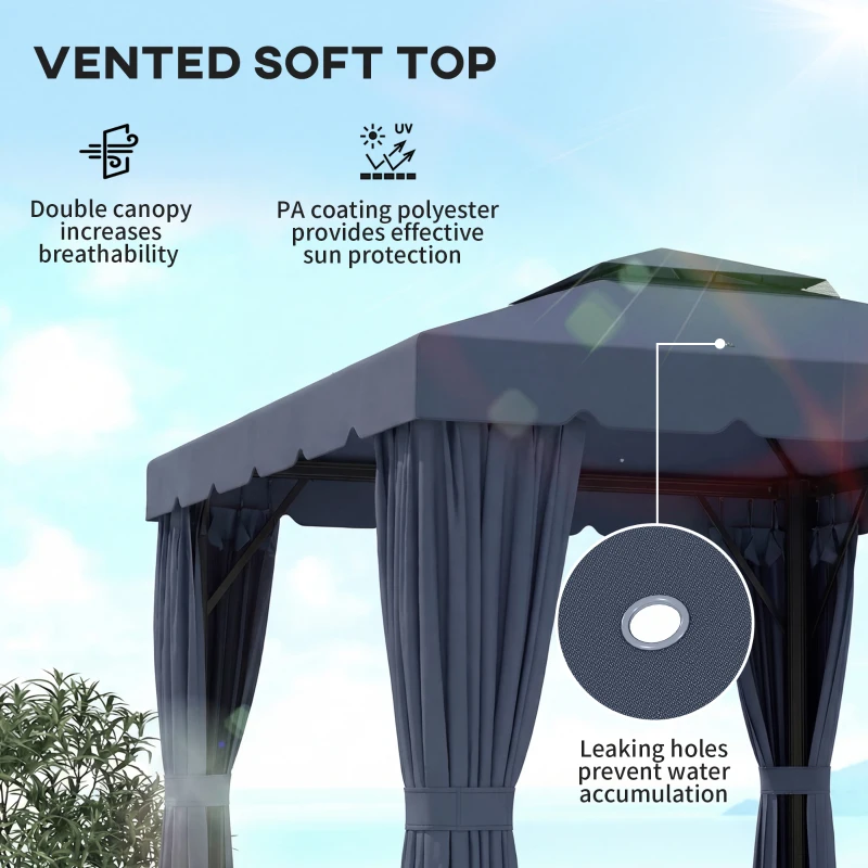 Outsunny 9.7' x 9.7' Outdoor Patio Gazebo Double Soft-top Garden Shelter Tent with Curtains, Mesh Screen Drapes, Dark Blue