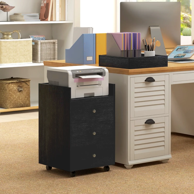 HOMCOM 3 Drawer File Cabinet on Wheels Mobile Home Office Storage Cabinet with Top Tray Under Desk Printer Stand, Walnut