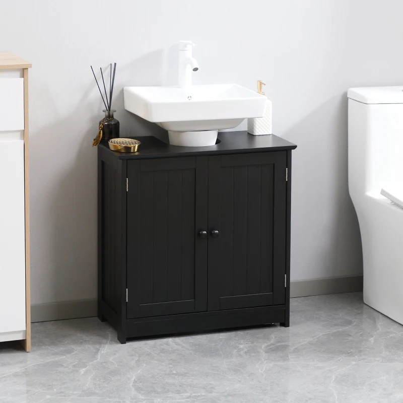 HOMCOM Under Sink Bathroom Cabinet, Pedestal Sink Storage Cabinet with 2 Doors, Shelf and U-Shape, Black