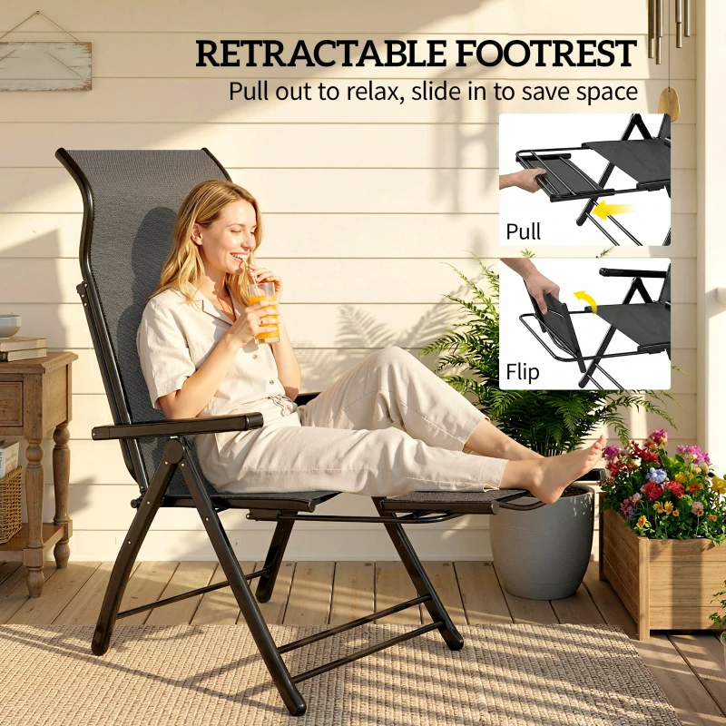Outsunny Folding Patio Chairs Set of 2, 5-Position Outdoor Lounge Chairs with High Back, Retractable Footrest, Dark Grey