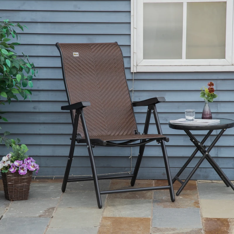 Outsunny Wicker Folding Patio Chair, Outdoor PE Rattan Recliner Camping Chairs with 7-Level Adjustable High Backrest for Garden, Balcony, Indoor, Lawn, Brown