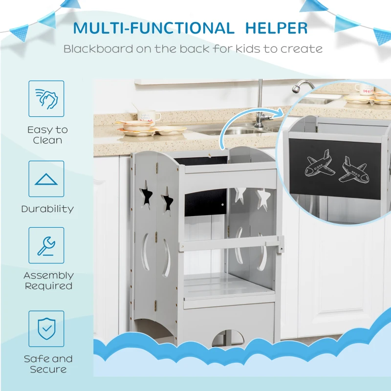 Qaba 2 in 1 Kids Foldable Kitchen Step Stool, Toddler Standing Tower with Chalkboard and Lockable Handrail for Children 3-6 Years Old, Gray