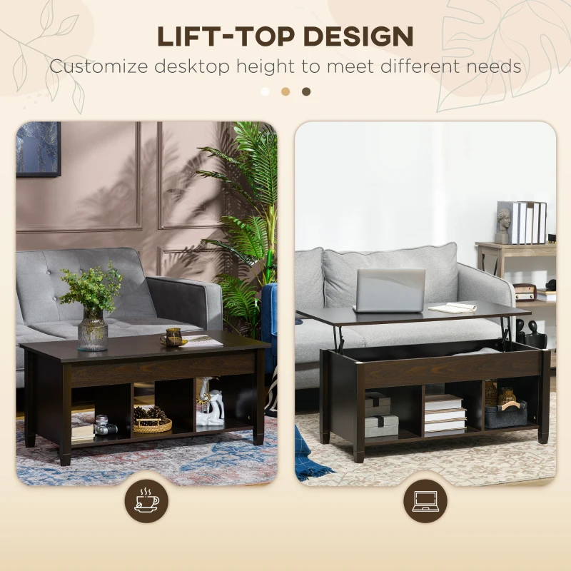 HOMCOM Lift Top Coffee Table, Modern Center Table with Storage Shelves and Hidden Compartment for Living Room, 41" L, Espresso