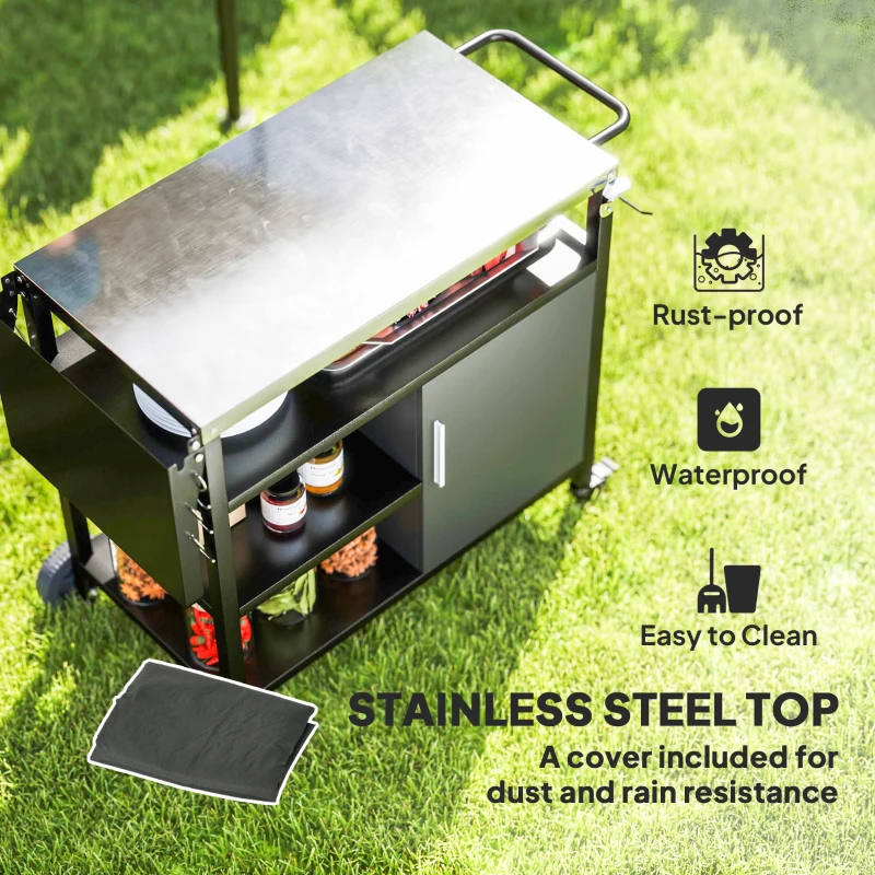 Outsunny Outdoor BBQ Stand with Foldable Side Table, Stainless Steel Top, Pizza Oven Table with Wheels Hooks Shelves