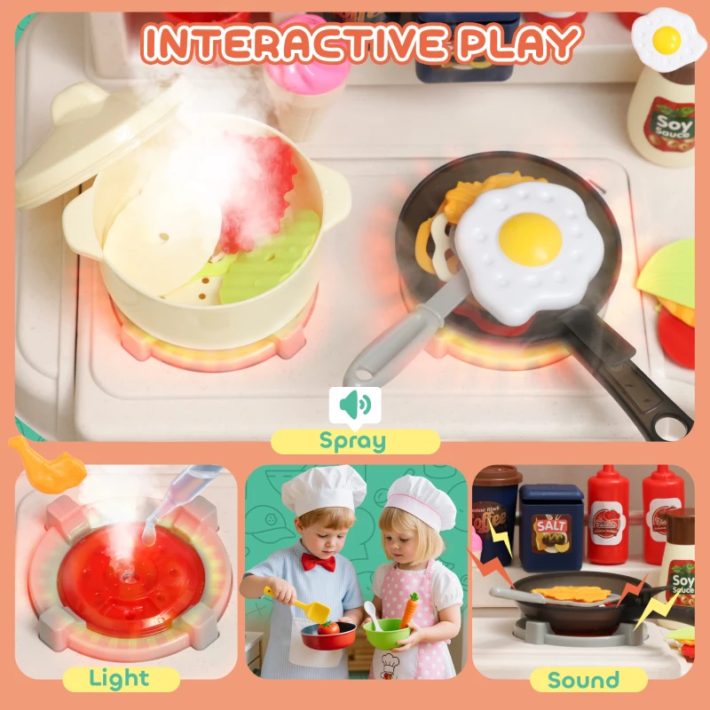 Qaba Kids Play Kitchen Toy Set, Chef Pretend Kitchen Playset with Real Lights & Sounds, 92 Pcs Toy Food, Ages 3-6, Green