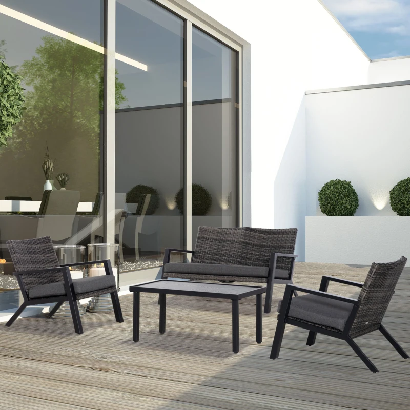 Outsunny 4 Piece Patio Furniture Set, 2 PE Wicker Chairs, Loveseat Sofa, Outdoor Coffee Table, Soft Cushions, Black