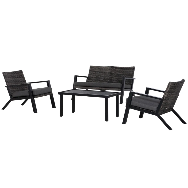 Outsunny 4 Piece Patio Furniture Set, 2 PE Wicker Chairs, Loveseat Sofa, Outdoor Coffee Table, Soft Cushions, Black