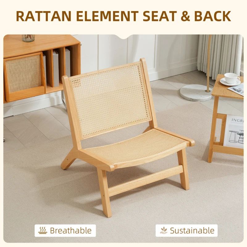 HOMCOM Rattan Accent Chair, Mid-Century Leisure Chair with Rubber Wood Frame, for Bedroom Living Room, Natural