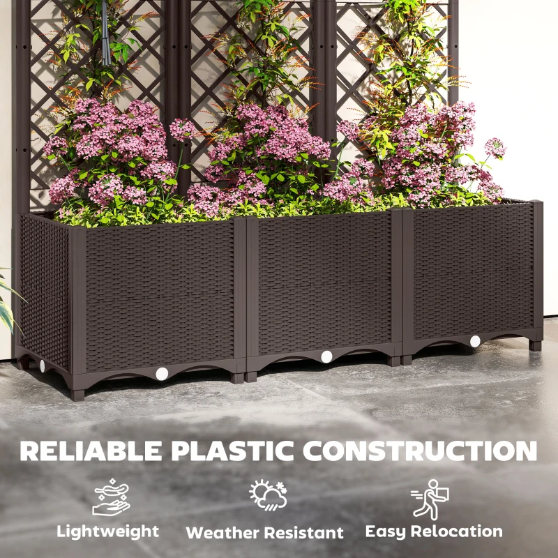 Outsunny Raised Garden Bed with Trellis, Plastic Raised Flower Bed with Drainage Holes and Drain Plugs